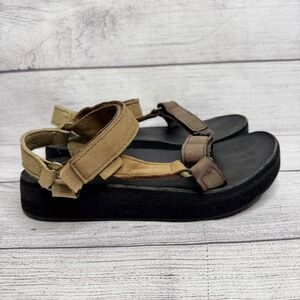 Teva Platform Sandals Leather Straps Size 7 Adjustable Straps Brown Beige Casual